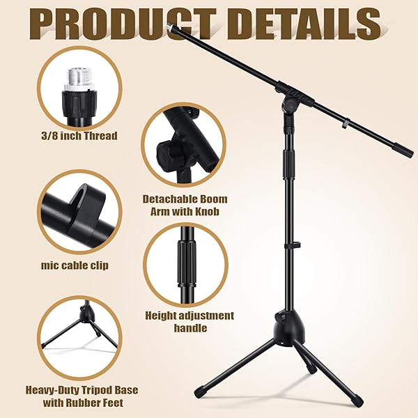 TELLEGLOWW 1 PCS MICROPHONE STAND TRIPOD BOOM ARM FLOOR PODIUM STUDIO MIC STAND ADJUSTABLE HEIGHT 75 INCHES, EXTENDS ARM TO 27 INCHES COMES WITH 3/8 INCH AND 5/8 INCH MOUNT ADAPTERS FOR SINGING