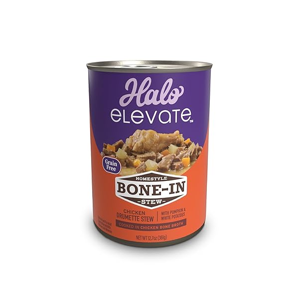 HALO ELEVATE WET DOG FOOD HOMESTYLE BONE-IN CHICKEN STEW WITH PUMPKIN & POTATOES RECIPE, GRAIN FREE CANNED DOG FOOD, 12.7 OZ CAN (PACK OF 6)