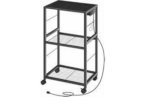 HOOBRO 3-Tier Printer Stand, Printer Cart with Power Strip and Hooks, Mobile Printer Stand Holder with Charging Station, Printer, Scanner, Fax Storage Organizer, for Study, Office, Black BB05UPS01