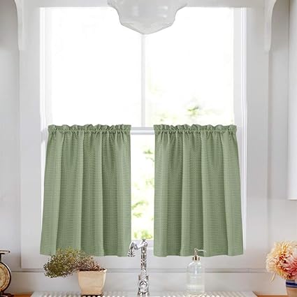 Lazzzy Waffle Woven Cafe Curtains Waterproof Kitchen Window