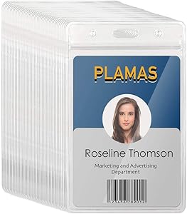 PLAMAS Vinyl ID Badge Holders (Fit 2.5 x 3.6 inches Inserts, 50 Pack), Waterproof, Clear Plastic, Premium Quality, Heavy-Duty, Vertical Hanging Card Holder with Zipper, Durable Nametag Holders