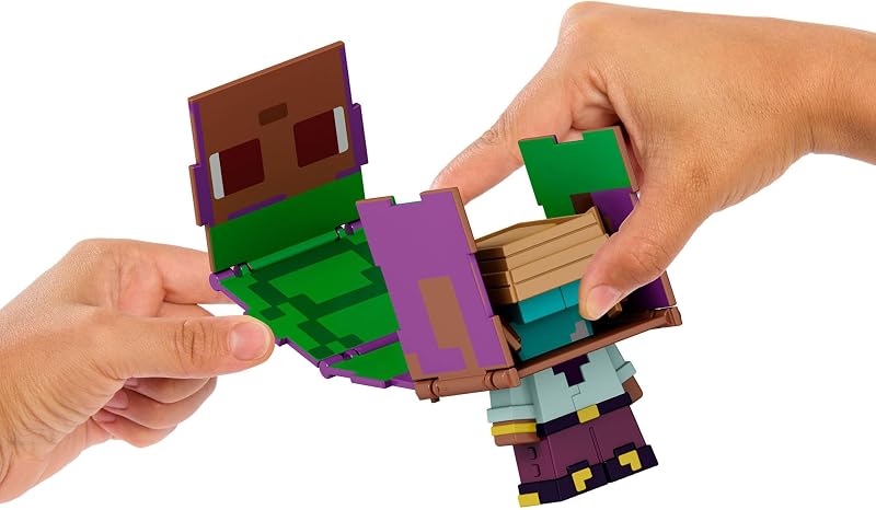 Minecraft Flippin’ Figs 2er-Pack, 2 maßstabsgetreue, ca. 9 cm große Actionfiguren mit großen Köpfen und 2-in-1-Spielfigur, Efe/Segelboot und Delfin/Schatztruhe, JCY31