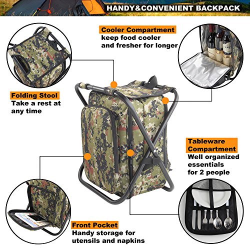 ROMANTICIST Heavy Duty Picnic Backpack Stool with Cooler & Tableware - All-in-1 Folding Backpack Chair with Insulated Bag for 2 Person - Ideal Camping Gift for Beach Fishing Sporting Hiking Outdoor