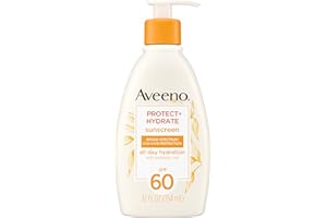 Aveeno Protect + Hydrate Sunscreen Moisturizing Lotion with Prebiotic Oat, Broad Spectrum SPF60, Paraben, & Oil Free, Weightless, Water & Sweat Resistant (80-min) for Sensitive Skin, 12 Fl Oz