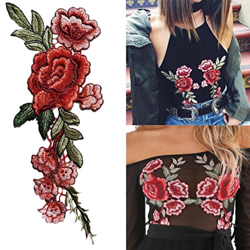 Hot Sale! AMA(TM) 2PCS DIY Embroidered Roses Floral Collar Iron On Applique Sew Patch Sticker Badge Garment Decoration Craft (A-Red)