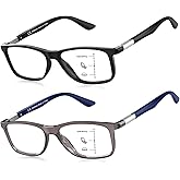 Missfive 2 Pack Progressive Multifocus Reading Glasses Premium Flexible Metal Spring Hinge, Light TR90 Multifocal Readers for Men Women Anti Blue/UV No-Line Trifocal Near Range +2.5