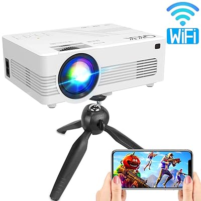 QKK Upgraded 3600Lumens WiFi Projector, Full HD 1080P Supported Mini Projector [Tripod Included], Synchronize Smartphone Screen by WiFi/USB Cable, Phone/HDMI/AV/USB/TF/Sound Bar/TV Stick Supported