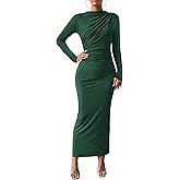 BTFBM Women Bodycon Maxi Dress Long Sleeve Back Slit Ruched Elegant Party Cocktail Formal Fall Wedding Guest Dresses