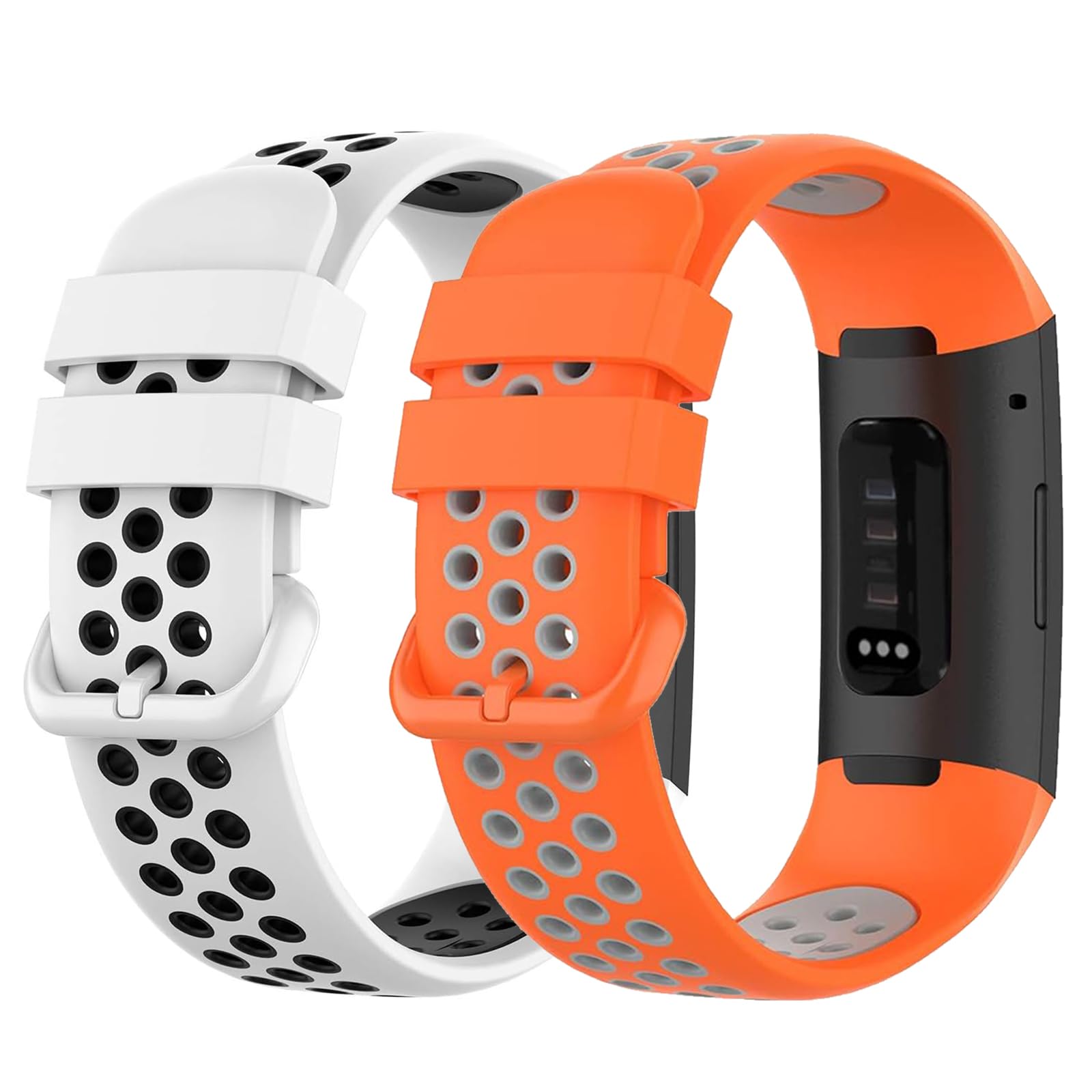 Photo 1 of 2 Pack Waterproof Bands Compatible with Fitbit charge 4 / Fitbit charge 3 / Fitbit Charge 3 SE, Classic Soft Breathable Sports Replacement Wristbands for Women Men (Small 5,5 "-7.5", white/orange)