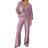 MEROKEETY Women's 2 Piece Outfits Lounge Sets Fall Winter Long Sleeve Knit Sweater Wide Leg Pant Matching Set