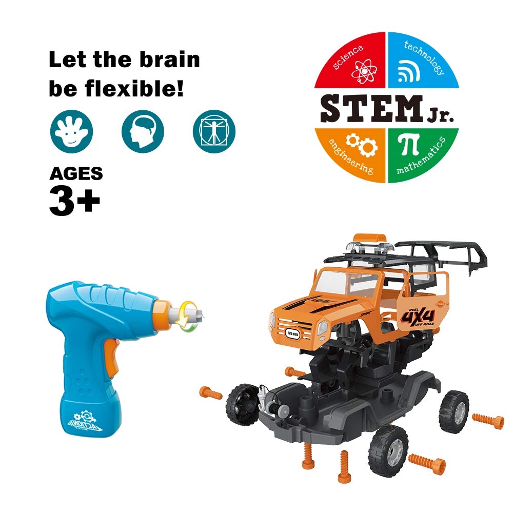 Limei STEM Land Rover Jeep Car Toy Self-Assemble Car Construction Tool with Power Drill Off Road Vehicle Automobile Fit Toy for Child Kid Toddler (Yellowish Brown)