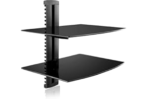 suptek Speaker Mount, Floating Glass Shelf Wall Mount Bracket for DVD Players/Cable Boxes/Games Consoles/TV Accessories, 2 Shelves, Black CS202