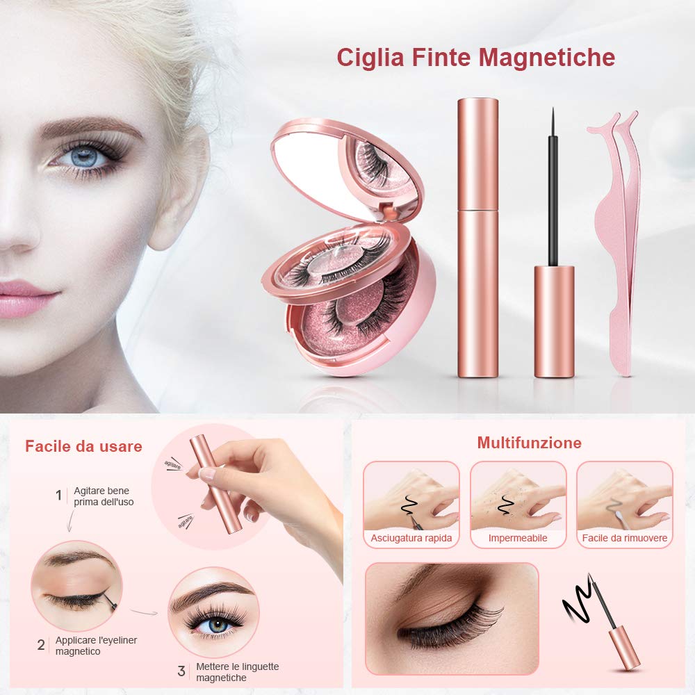 Ciglia Magnetiche, eroaddict Ciglia finte 3D naturali con 5 eyeliner magnetici Kit di pinzette esagerate impermeabili per ciglia finte, Nessuna colla necessaria riutilizzabile （2 paia）