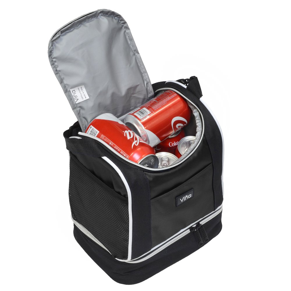 Vina Insulated Lunch Bag, Dual Compartment Reusable Bento Lunch Box Cooler Tote with Shoulder Strap for Adult and Kids, Black
