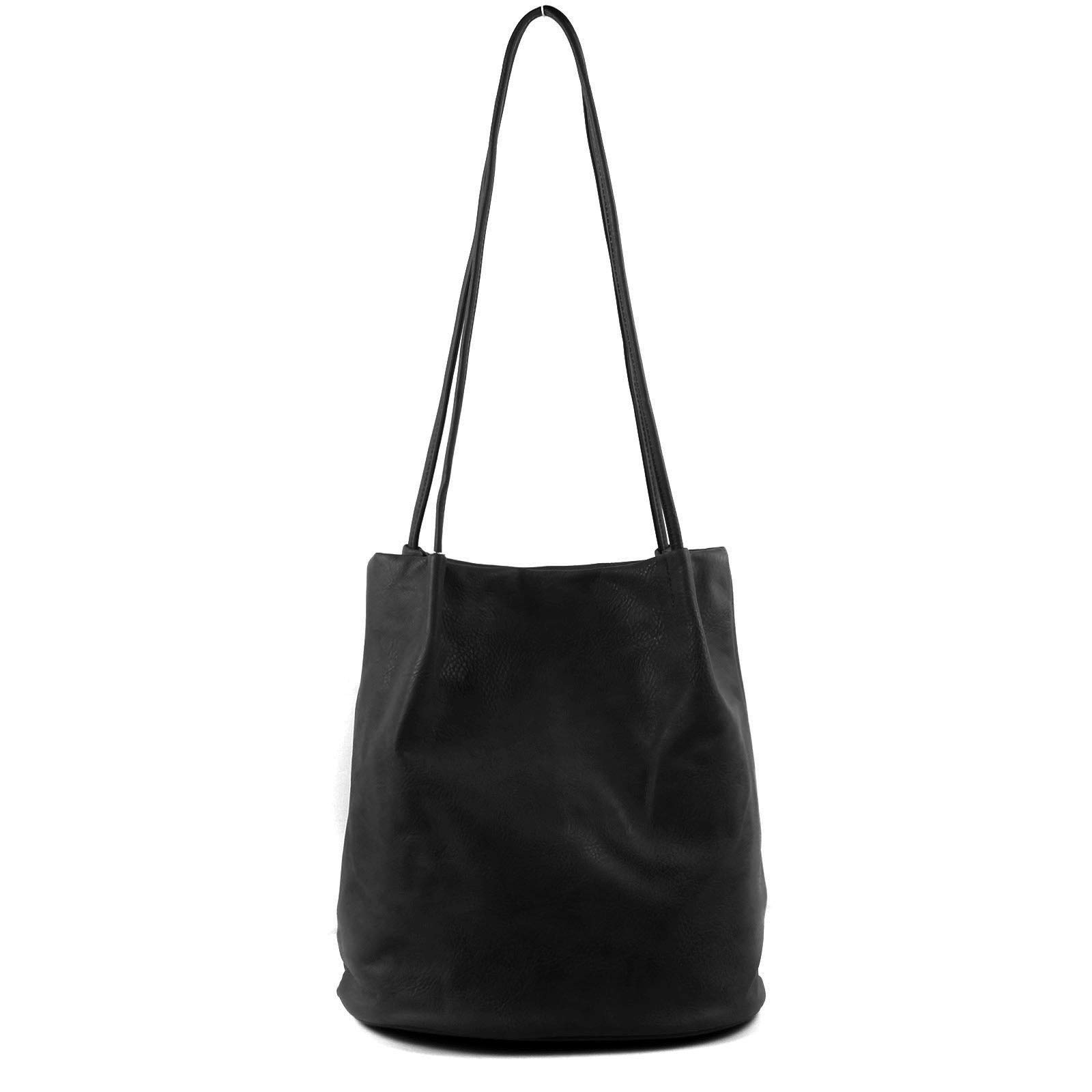 AOSSTA Womens Tote Bag Fashion Designer Medium Size Plain Soft Faux Leather Hobo Shoulder Handbag Bucket Bags (A6773 Black)