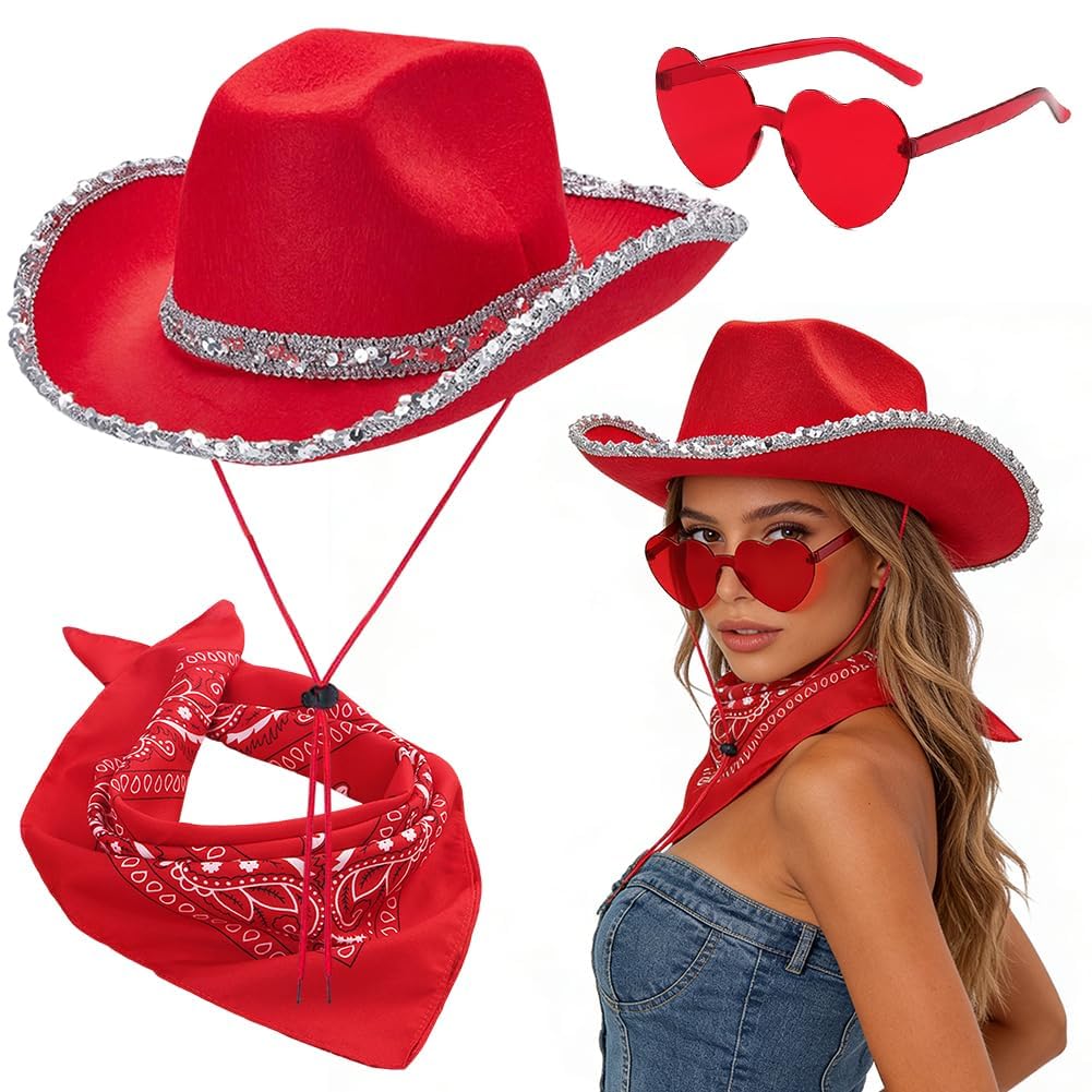 FCXVXCL Cowboy Hat Three Piece Set Red Cowboy Sequin Western Hat Paisley Bandana & Heart Sunglasses Cowgirl Costume Accessories for Halloween Bachelorette Party