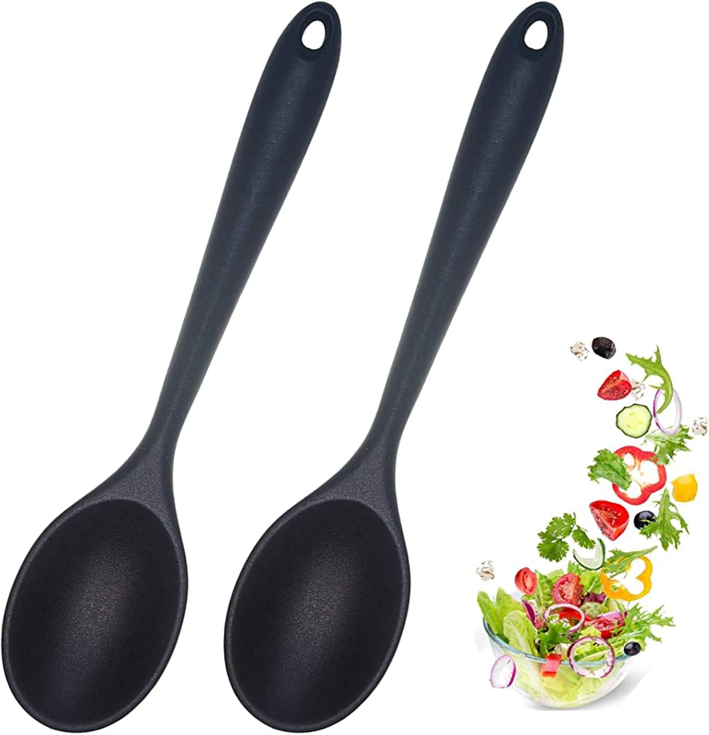 Ecerangus 2 Packs Silicone Nonstick Mixing Spoon, Cooking Spoons, BPA Free,High Heat Resistant to 480°F,Hygienic Cooking Utensil for Stirring, Mixing and Serving (Black)