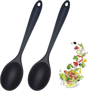 Ecerangus 2 Packs Silicone Nonstick Mixing Spoon, Cooking Spoons, BPA Free,High Heat Resistant to 480°F,Hygienic Cooking Utensil for Stirring, Mixing and Serving (Black)