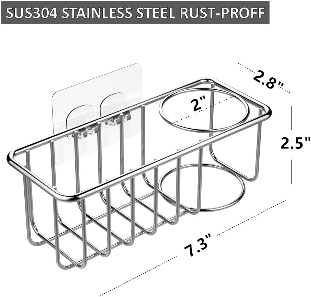 KESOL Adhesive Sponge Holder + Brush Holder, 2-in-1 Sink Caddy, SUS304 Stainless Steel Rust Proof Water Proof, No Drilling -