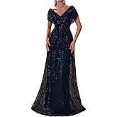 Women's Sequin V-Neck Short Sleeve A-Line Evening Dress Elegant Evening Dresses Party Gowns