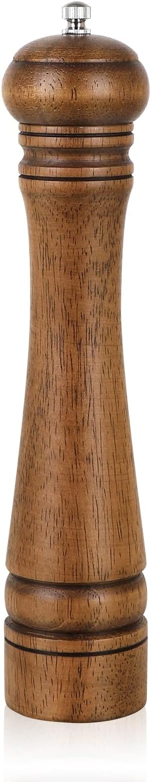 Haomacro 10 Inch Oak Wood Pepper Mill Salt Grinder Adjustable Ceramic Rotor