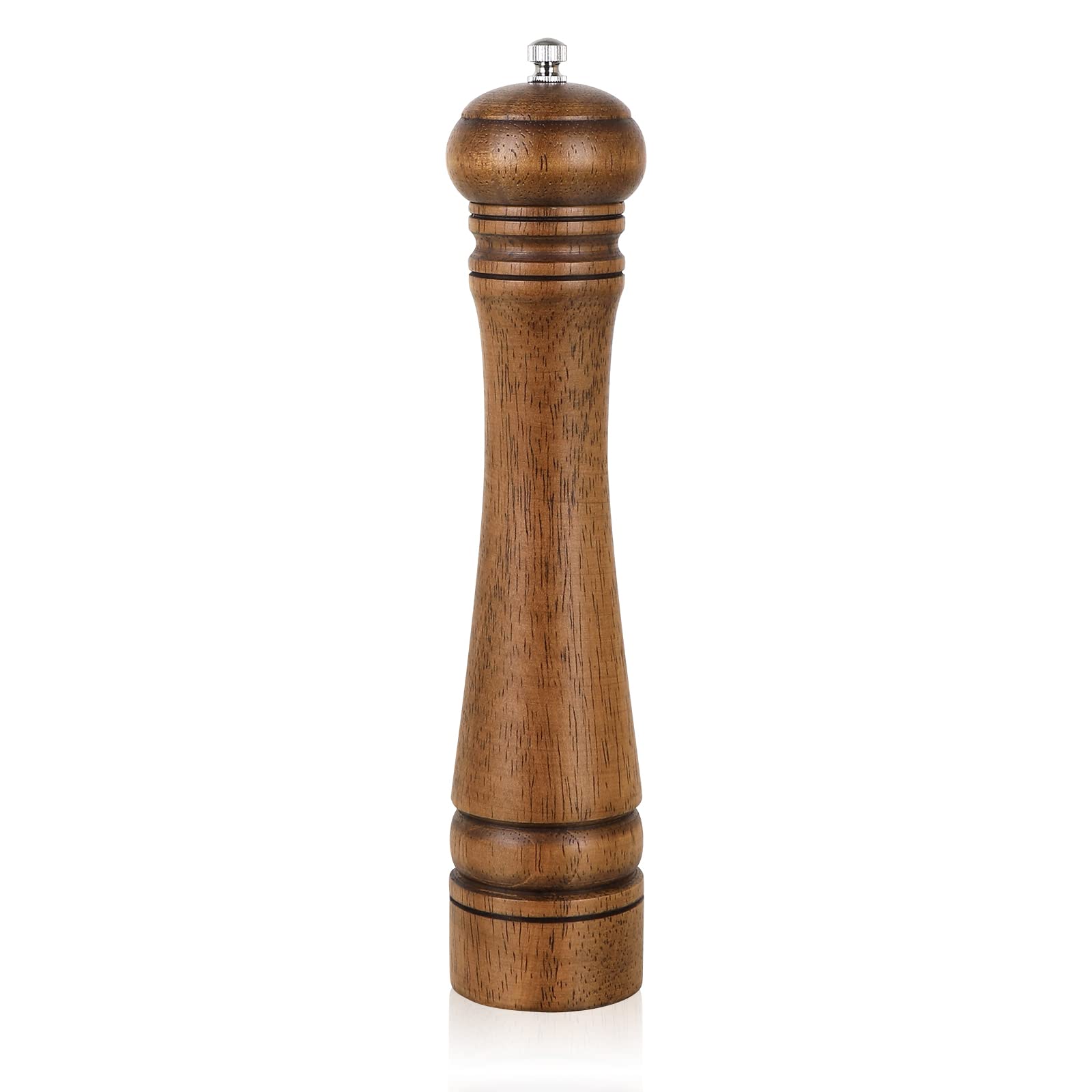 1 Piece Pepper Mill, Haomacro 10 inch Wood Salt Mill Pepper Shaker, Manual Pepper Grinder, Salt Shakers with Adjustable Ceramic Rotor - Refillable Oak Wood Pepper Grinder for Your Kitchen