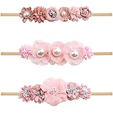mligril Baby Girl Nylon Headbands Flower Hair Bows Accessories-Elastic Hair Band Crown Handmade FLoral Wraps Birthday Gifts for Girls Newborn Infant Toddler 3Pcs