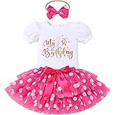 ODASDO Baby Girls First Birthday Cake Smash Outfit Cotton Short Sleeve Romper Tiered Tutu Skirt Bowknot Headband Set