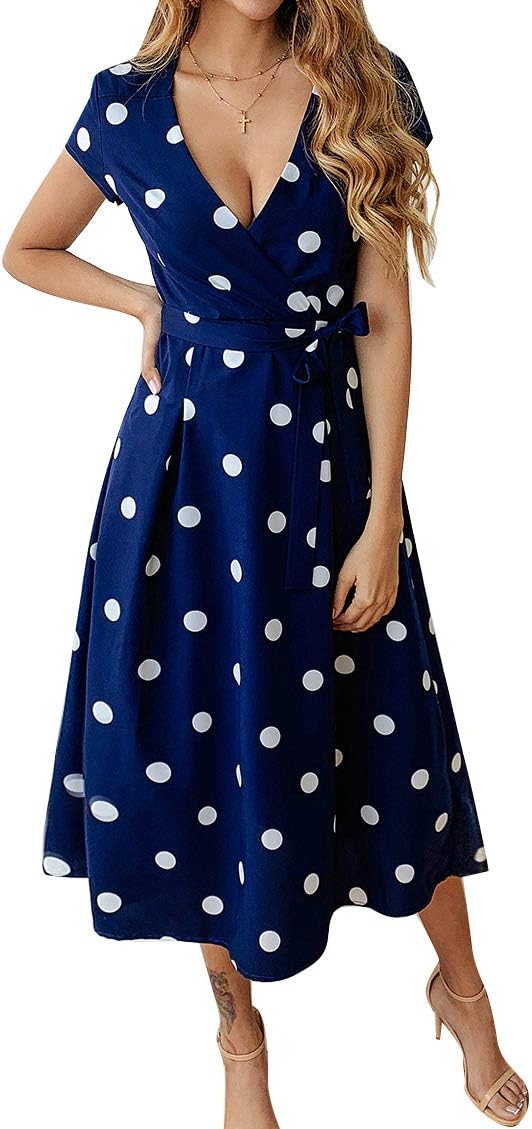 Women's Vintage V Neck Wrap Dress Short Sleeve Polka Dot A-Line Midi Dress with Belt