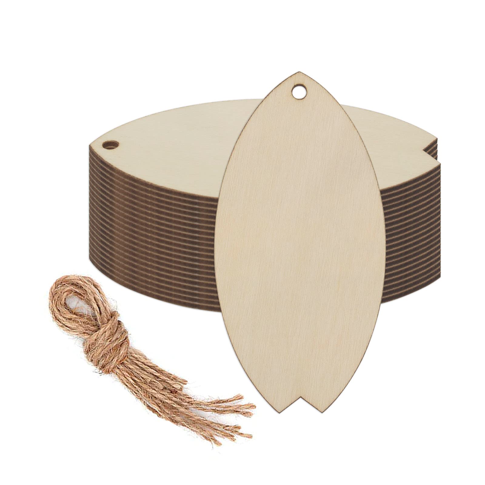 Photo 1 of Wooden Surfboard Hanging Ornaments Surfboard Shaped Wood DIY Crafts Cutouts with Hole Hemp Ropes Wood Tag Bookmark for Wedding Birthday Christmas Decoration (2x4 in, 20 Pcs)