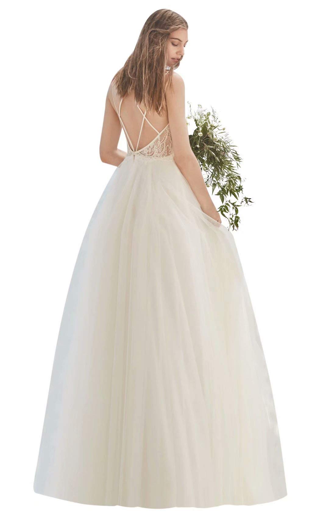 Vinbridal 2019 Lace V Neck Straps Tulle Long Beach Wedding Dresses Bridal Gowns White 8