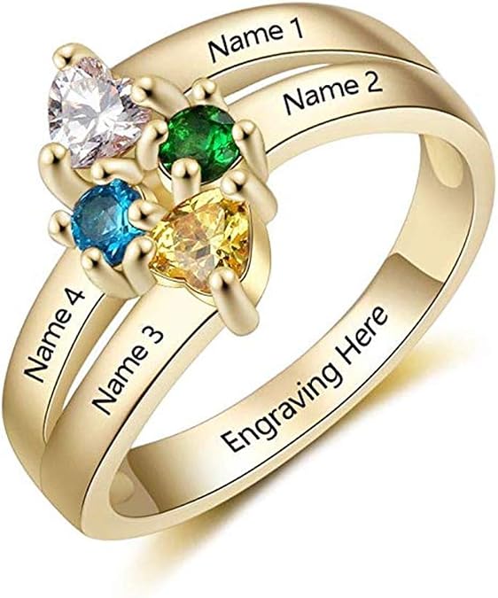 Custom Mothers Ring With 4 Simulated Birthstones – Engraved Family Name Ring For Grandma, Mom, Anniversary & Christmas Gifts