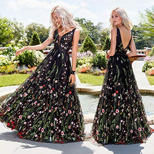 KONVINIT Womens Long 3D Flower Prom Party Dress Backless Casual Gown Tulle Prom Maxi Dress Black