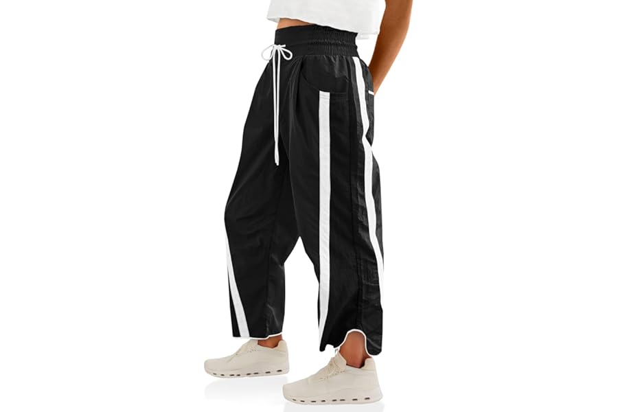 Fisoew Women's Baggy Wide Leg Pants Casual Drawstring Elastic Waisted Contrast Color Workout Y2K Track Pants
