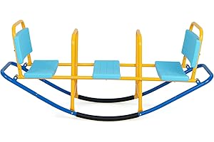 GLACER Teeter Totter Seesaw for Kids, 3-Person Metal Rocking Seesaw for Boys Girls Ages 3-8, 2 in 1 Indoor Outdoor Rocker Toy with Easy-Grip Handles, Playground Equipment for Backyard (Blue)