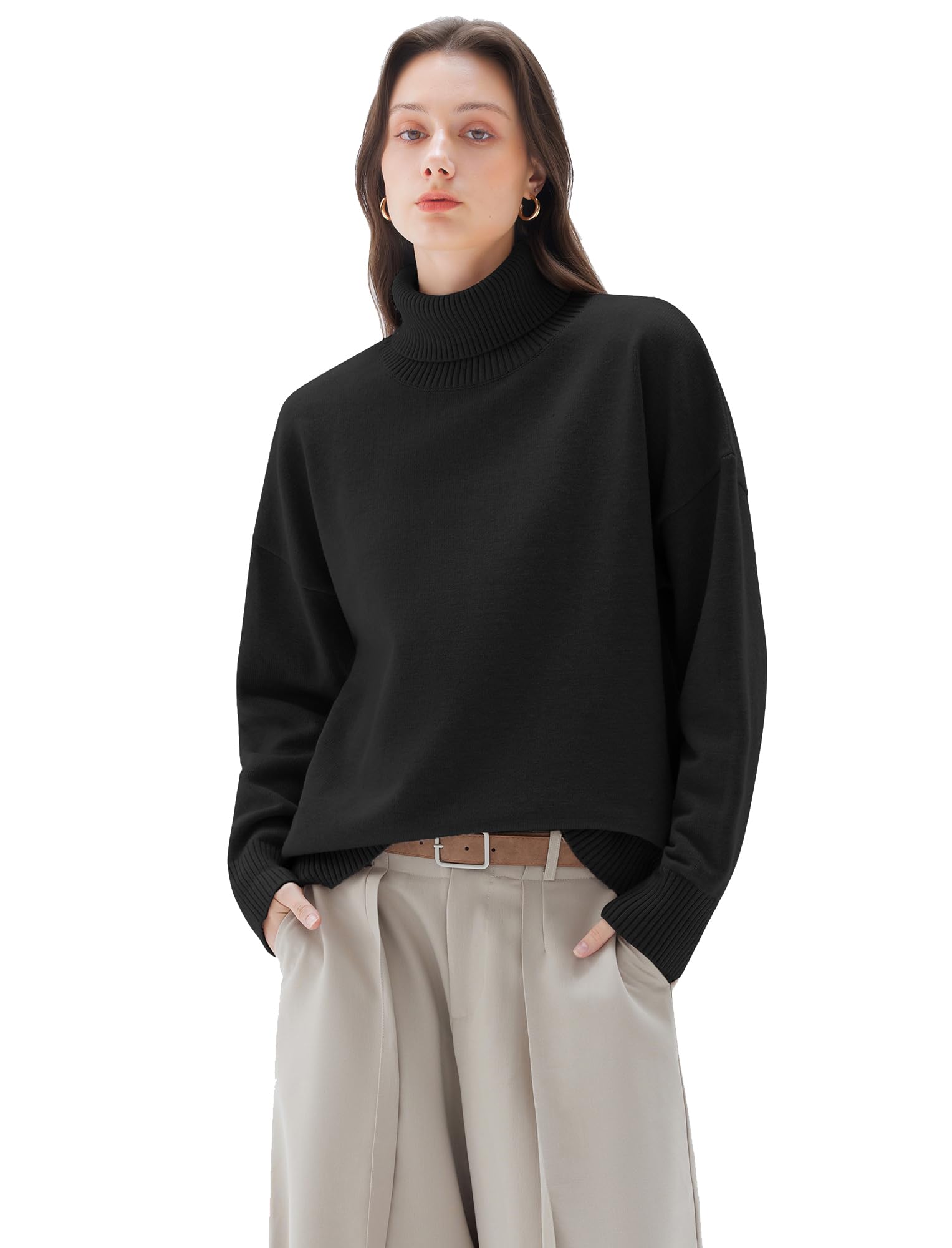 Photo 1 of SUUKSESS Women Oversized Cashmere Chunky Turtleneck Pullover Sweater Long Sleeve Knit Jumper Tops Trendy Fall Fashion Outfits 2025(Black XS)