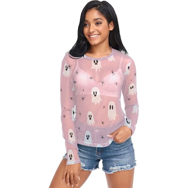 JHKKU See Through Tops Cherry Fruit Mesh Long Sleeve Tee for