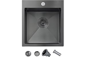 Ufaucet 15x17 Inch Drop In Bar Sink Black, Topmount Gunmetal Black Single Bowl Handmade Wet Bar Prep RV Sink, 16 Guage Stainless Steel Outdoor Small Kitchen Sinks with Drain