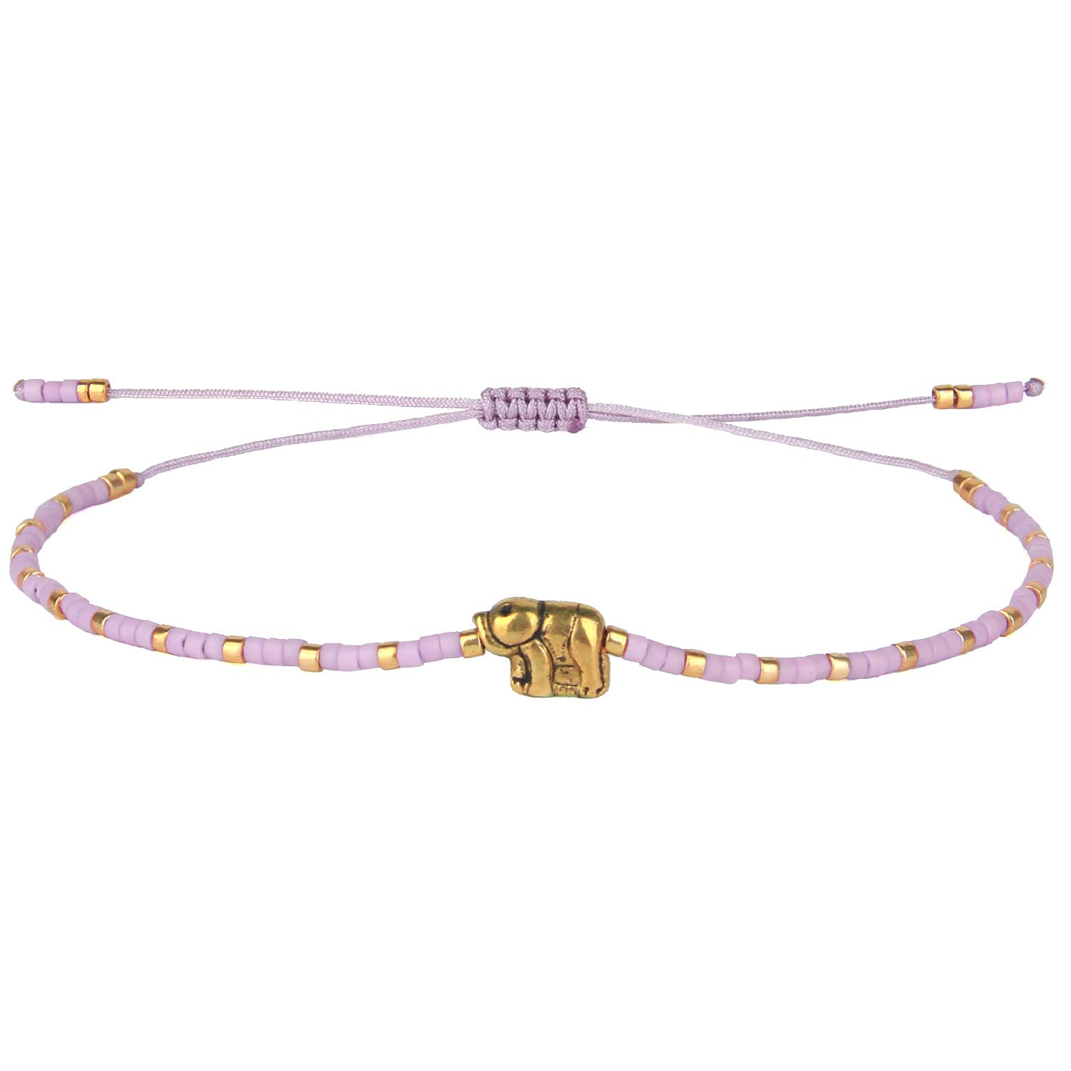 KELITCH Lucky Gold Elephant Strand Bracelets Seed Beaded Stretch bracelets Girls Fashion Jewelry (Pink Purple 8L)