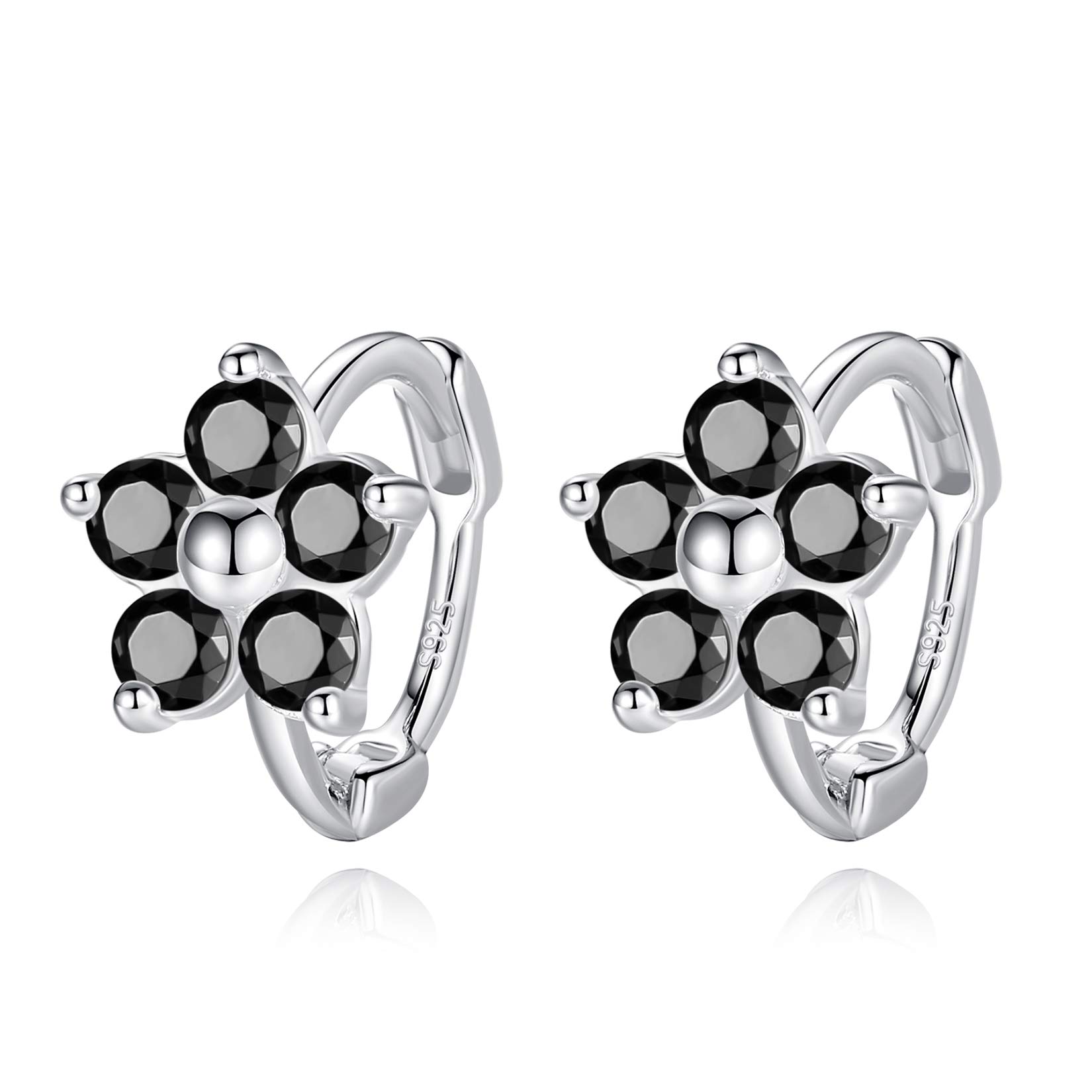 VIKI LYNN Small Flower Hoop Earrings with Black Cubic Zirconia Cartilage Earring for Women Girls Tiny Ear