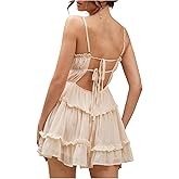 MakeMeChic Women's Spaghetti Strap Mini Dress Summer Backless Self Tie Ruffle Beach Sundress Flowy Dress
