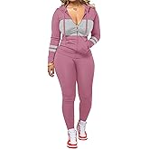 AUXDIO Women 2 Piece Outfits Color Block Casual Workout Sets Bodycon Tracksuit Zip Up Long Sleeve Hoodle Jacket Jogger Set