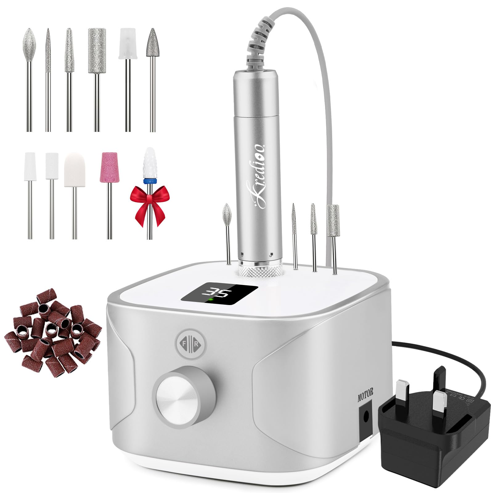Kredioo Nail Drill 35,000RPM, Electric Nail File for Acrylic and Gel Nails, Professional Nail Drill Machine, Manicure Pedicure Kit with 11 Bits, LCD Display, Touch Button (Silver)