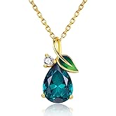 Leva Jewkis Birthstone Necklace 925 Sterling Silver Enamel Leaf Pendant 18K Gold Plated Necklace Teardrop Gemstone Christmas Jewelry Gifts for Her Mom Women