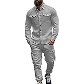 Men's Fleece Cargo Jacket Tracksuit Set 2 Pieces Solid Color Long Sleeve Button up Jacket and Cargo Pants Set