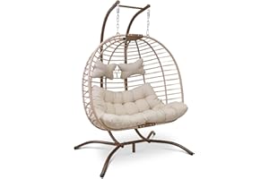 RADIATA Double Egg Chair Luxury Outdoor Patio Wicker Hanging Swing Egg Chairs with Water Resistant Cushions for Patio Backyard Balcony (Beige,Double with Stand)