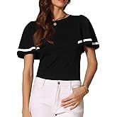 Allegra K Summer Tops for Women Ruffles Short Sleeve Round Neck Casual Blouse Shirt