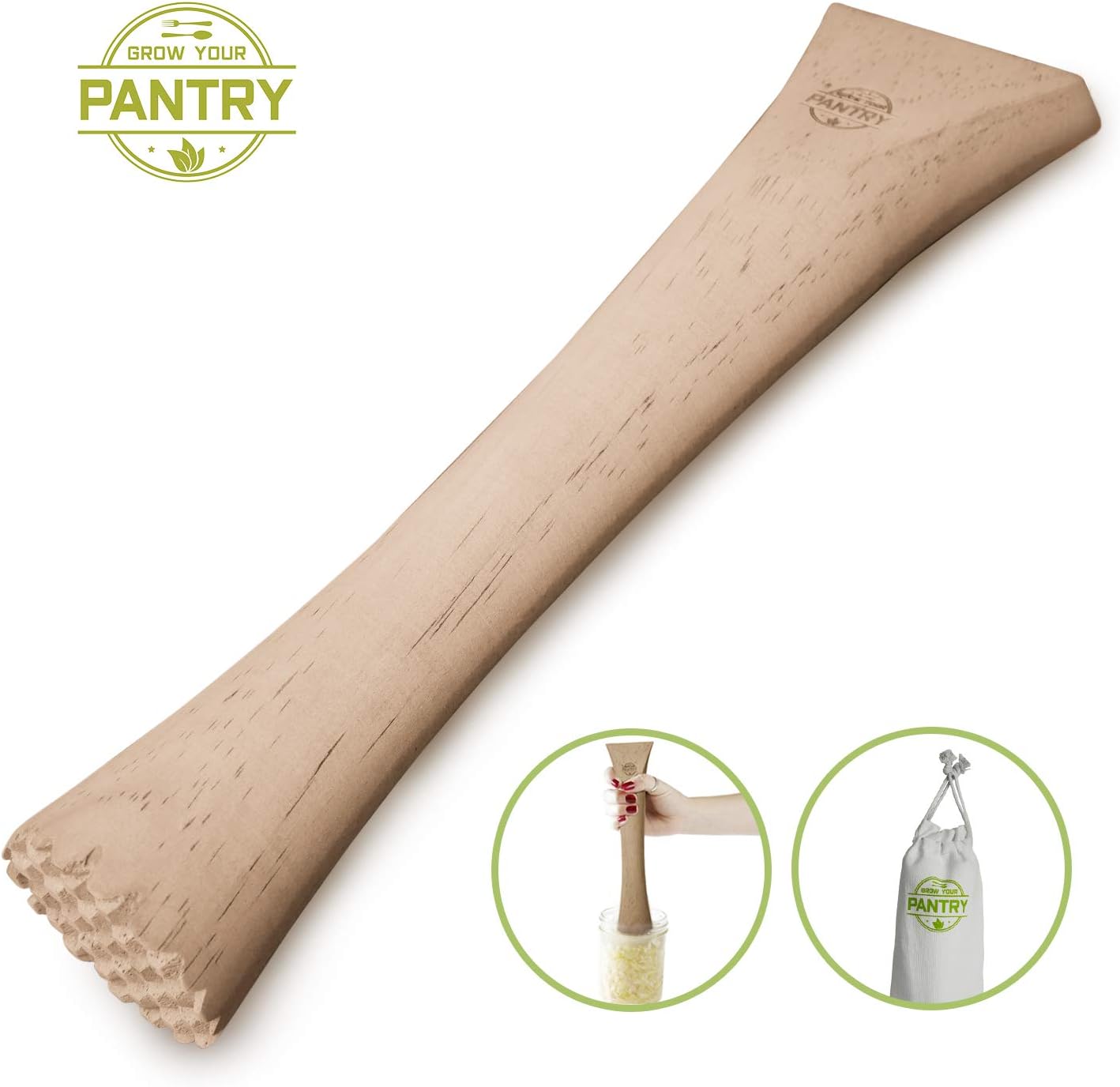 Vegetable Tamper From Grow Your Pantry - NEW DESIGN, Serrated Edge + Scoop Side. The Best Vegetable Tamper, Crush Your Veg, Then Toss And Turn With Ease, All 1 Piece With Beautiful Tote Bag!