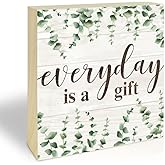 Everyday Is A Gift Inspirational Wooden Block Sign - 5” Eucalyptus Rustic Pinewood Sign Decor For Desk Shelf, Home Office Decorations & Gifts - A04