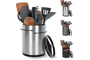 Extra Large Kitchen Utensil Holder, 360° Rotating Stainless Steel Cooking Utensil Holder for Countertop, 3 Compartment Flatwa